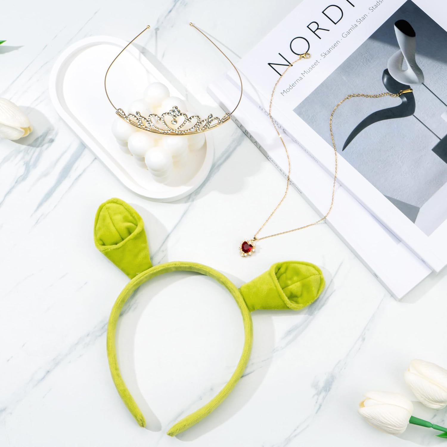 3Pcs Green Ogre Ears Headband Red Heart Necklace Crown Halloween Costume Accessories Monster Cosplay Party image number 6