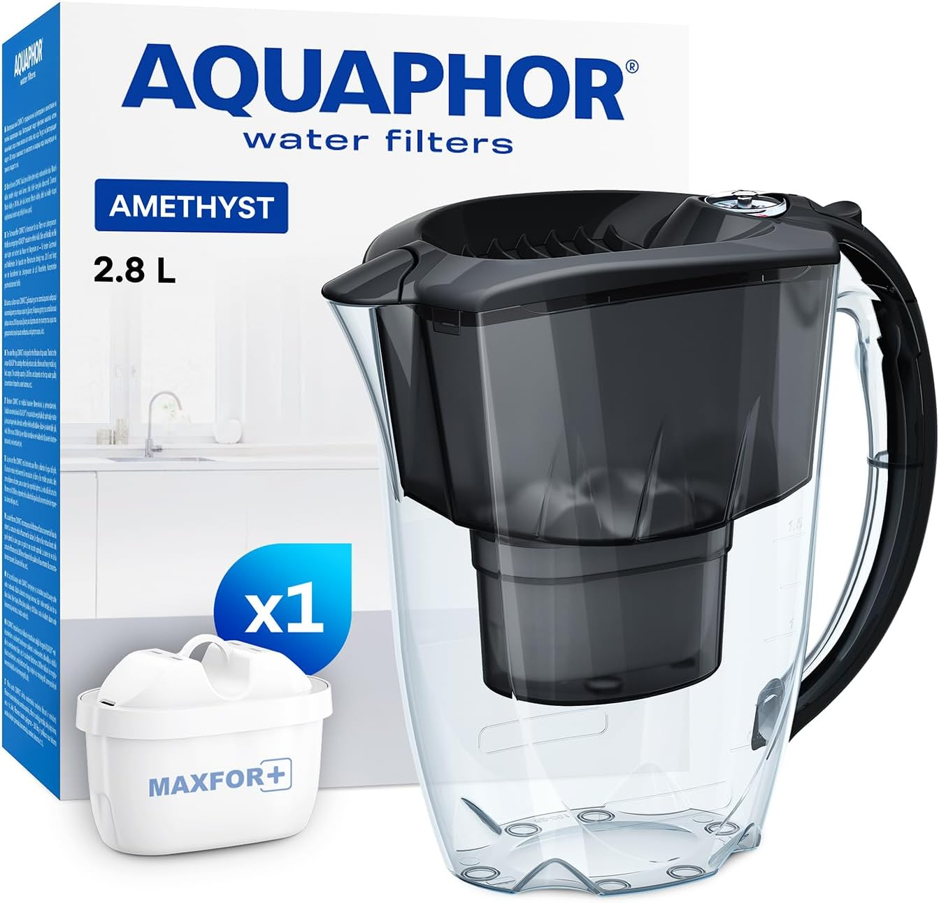 AQUAPHOR Water Filter Jug Amethyst Red 1 X MAXFOR+ Filter Included I Capacity 2.8L I Fits in the Fridge Door I Reduces Limescale Chlorine & Microplastics