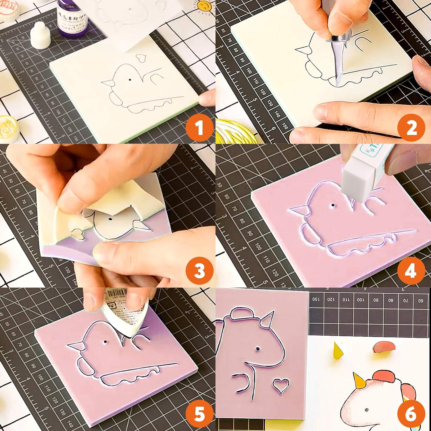 Rustark 22 Pcs Mixed Rubber Stamp Carving Blocks Set with Carving Knives and Whetstone, Carve Block Printing Carving Block Kit for Printmaking, Scrapbooking, Sculpting, Stamping image number 6