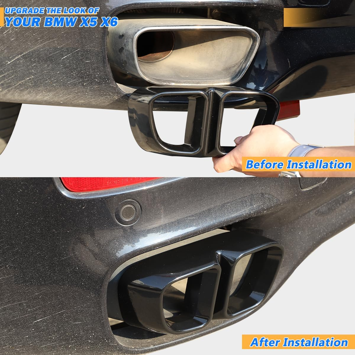 Aluminum Alloy Exterior Accessories Exhaust Muffler Tail Pipe Trim Cover for BMW X5 F15 X6 F16 2014-2019(Suitable for M Sports Version) (Bright Black) image number 2