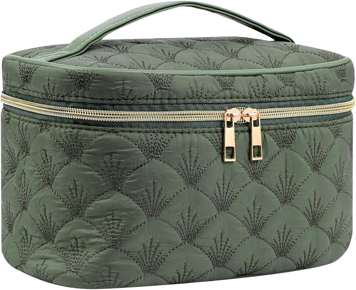 DDPOND Medium Size Quilted Makeup Bag with Brush Compartment, Coastal Granddaughter Cosmetic Bag, Seashell Portable Travel Toiletry Pouch（02White）