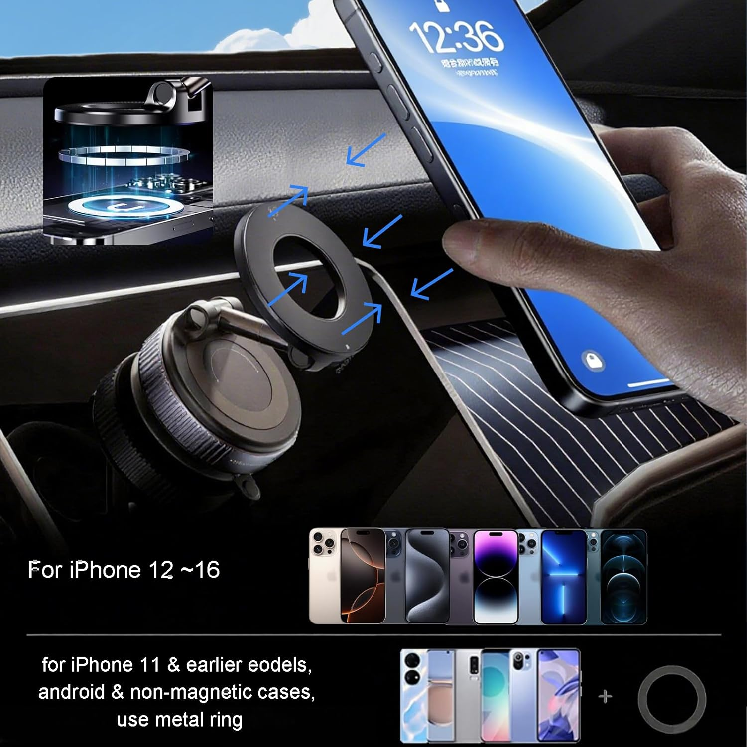 Zvorgath Magnetic Car Phone Holder Stand with Strong Suction - Upgraded 360&deg; Swivel Lock Vacuum Magnetic Phone Holder Compatible with Iphone/Android for Car/Gym/Mirror image number 3