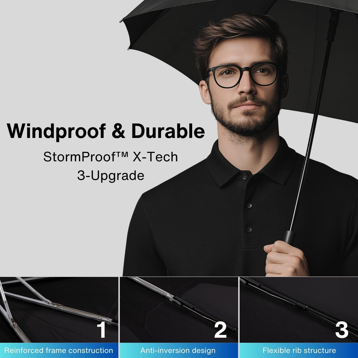 FANACAN Fold in 3 Seconds Shape Memory Folding Umbrella, Golf Umbrella Windproof and Rainproof Strong, One-Touch Automatic Open and Close Umbrella for Mens, Black