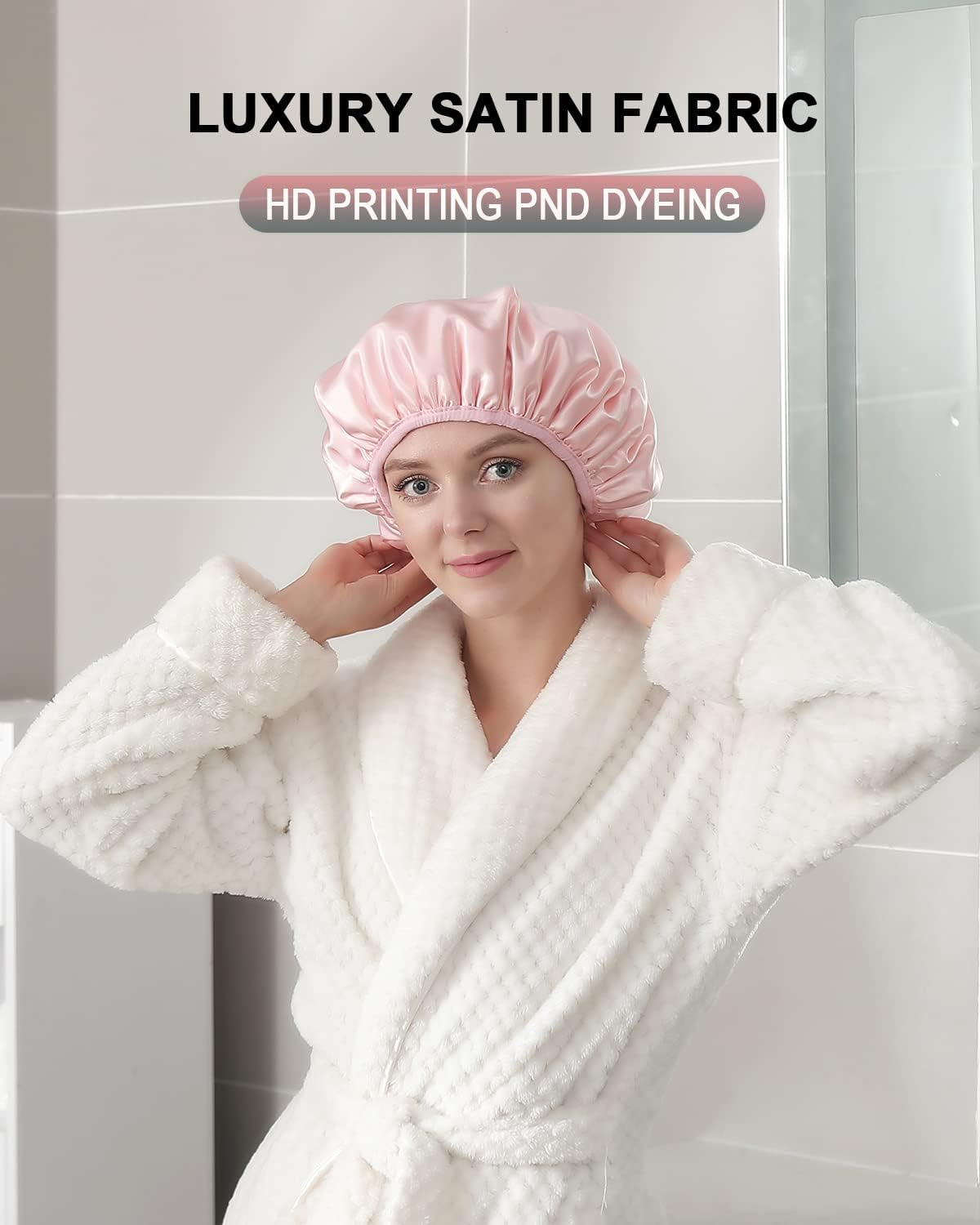 YIZIJIZI Terry Lined Shower Cap,Triple Layer Large Cap for Women,Shower Cap Reusable Waterproof,Long Thick Hair(Pink) - Gray image number 3