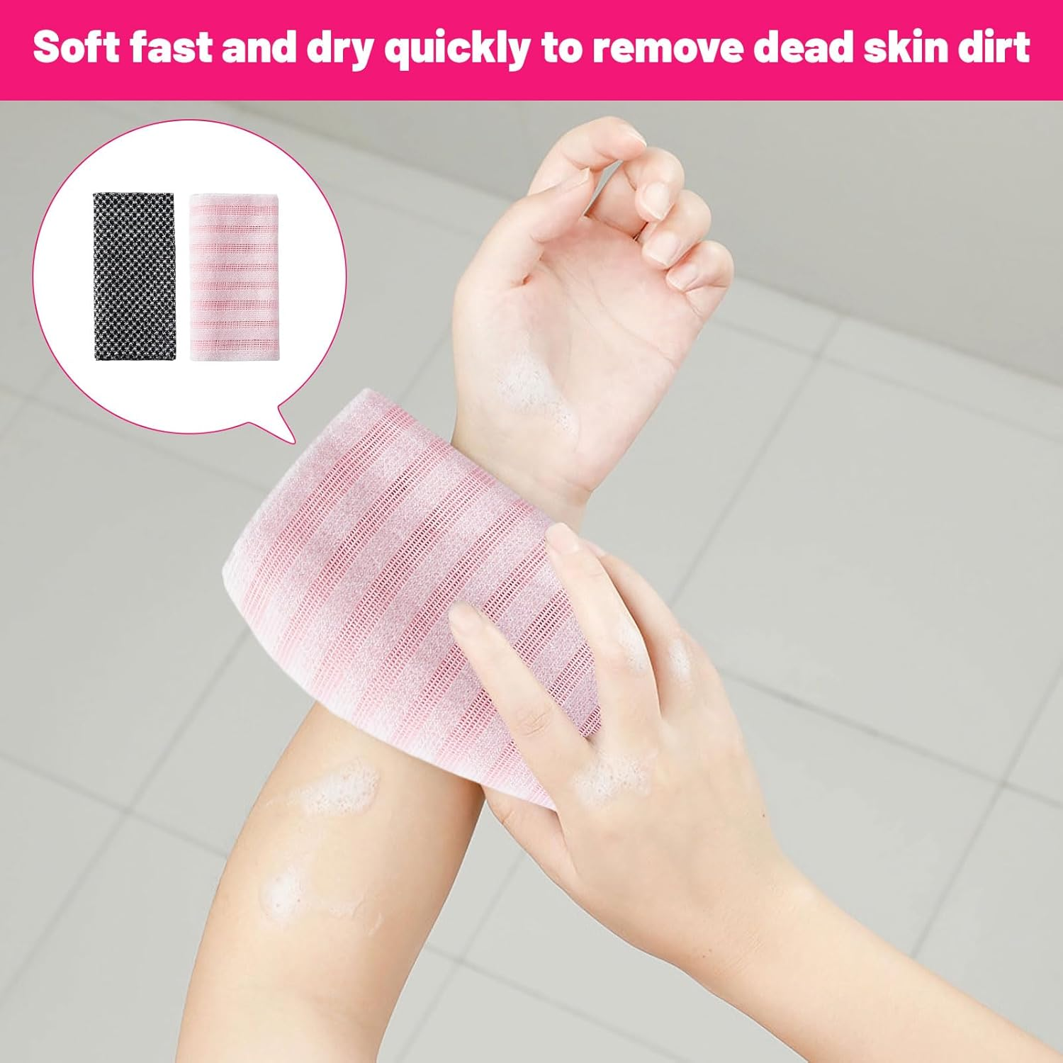2Pcs Body Scrubber, Back Scrubber for Shower, Exfoliating Towel, Japanese Scrub Wash Cloth, Exfoliating Towel for Men Women, Body Exfoliator Loofah Luffa Sponge Net Rag Back Washer (Pink & Black) image number 5