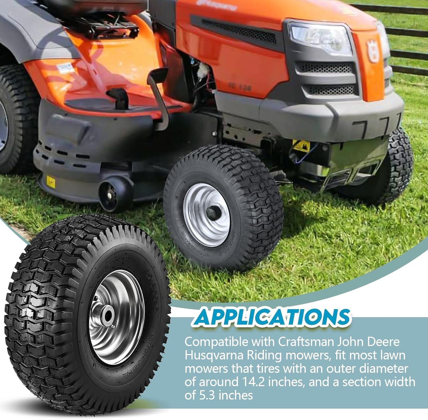 Hsupawa 15X6.00-6 Lawn Mower Tire and Natural Rubber 4 Ply with Tube 2-Pack 400 Lbs Capacity .Wheel Front Tire Compatible with John Deere Craftsman Husqvarna Riding Mowers Lawn Tractorss.