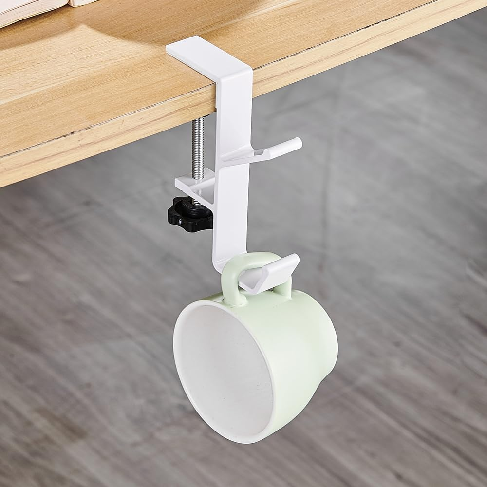 Purse Hook for Table, WADY 2 Pack Metal Headphone Hook, Desk Mount Bag Holder Hook Clamp, Universal under Desk Hook Handbag Hanger Holder Students Desk Hook with Adjustable Arm Clamp (White) image number 2
