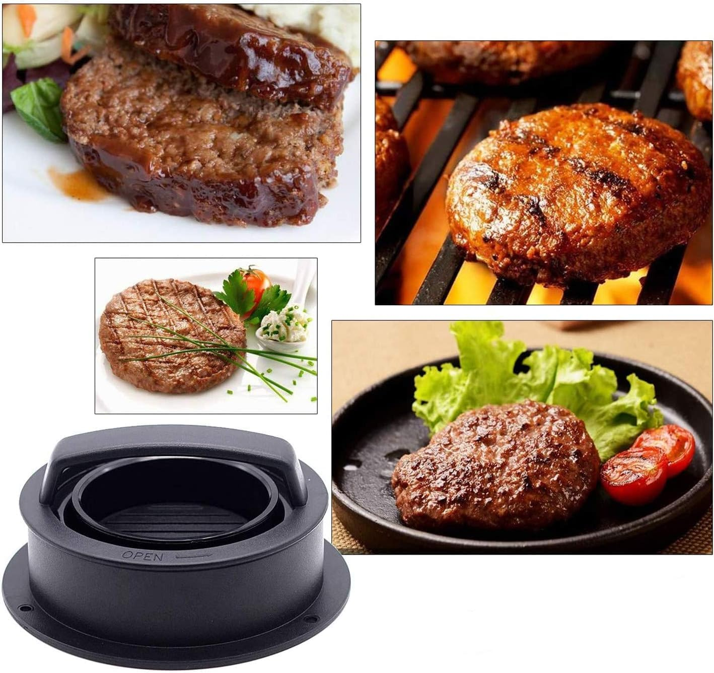Burger Press 3 in 1 Non Stick Kitchen Barbecue Tool - Black Plastic round Patty Maker