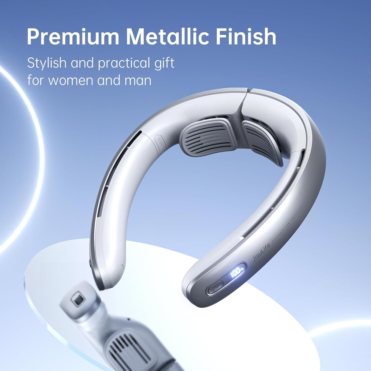 JISULIFE Portable Neck Fan, 5000 Mah Battery Operated Rechargeable Fan, Personal Wearable Fan with Necksupport, 100 Speeds Bladeless Fan with LED Display, Fashionable Gifts for Women Men-Grey