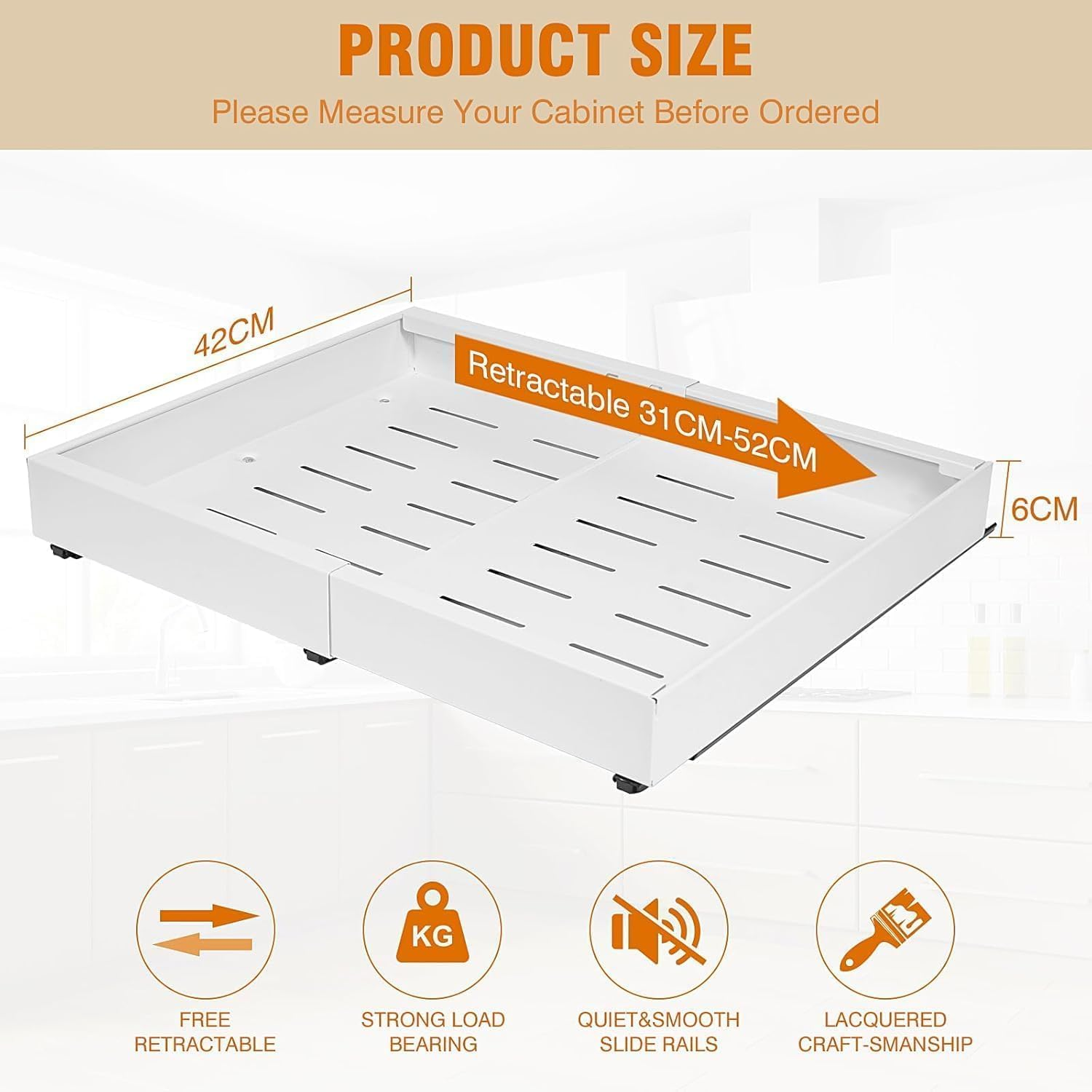 2 Pack Pull Out Cabinet Organizer, Expandable(31 to 52Cm W) Pull Out Drawers for Cabinets Fixed with Adhesive Film, Adjustable Peel Stick Slide Out Drawers for Kitchen Pantry Bathroom-53Cm Deep image number 2