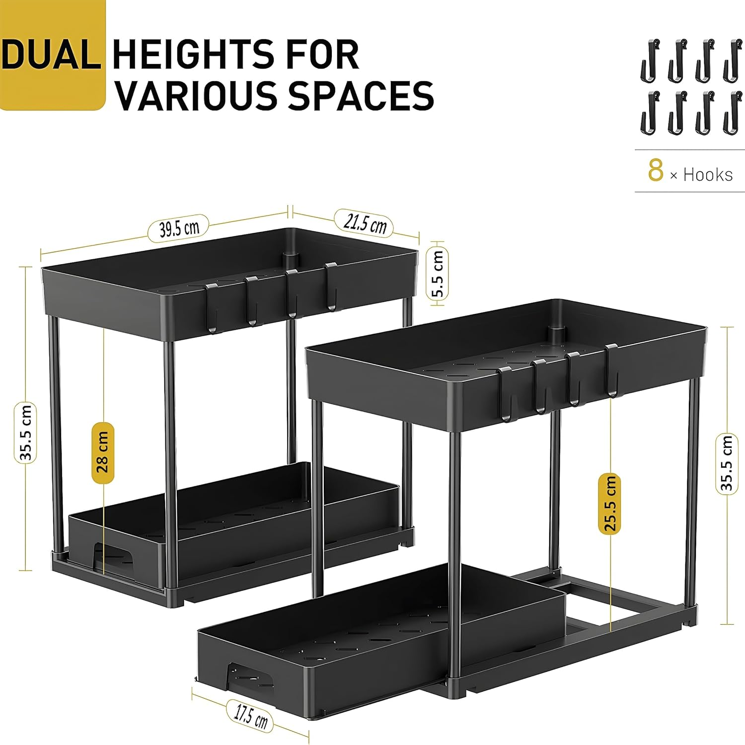 Kintiva 2 Pack under Sink Organiser, 2 Tier Sliding Storage Rack for Kitchen Bathroom Cabinet (Black) - Black image number 2