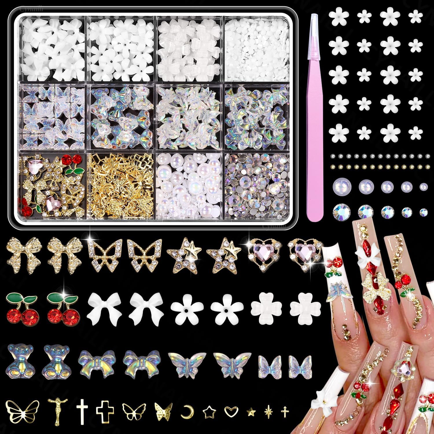 3D Nail Charms and Gems, White Flower Nail Pearls, Polar Clear Butterfly Bear Bows Nails Art Charm, Silver Cherry Star Heart Studs Jewelry Charms for Nails Art Design