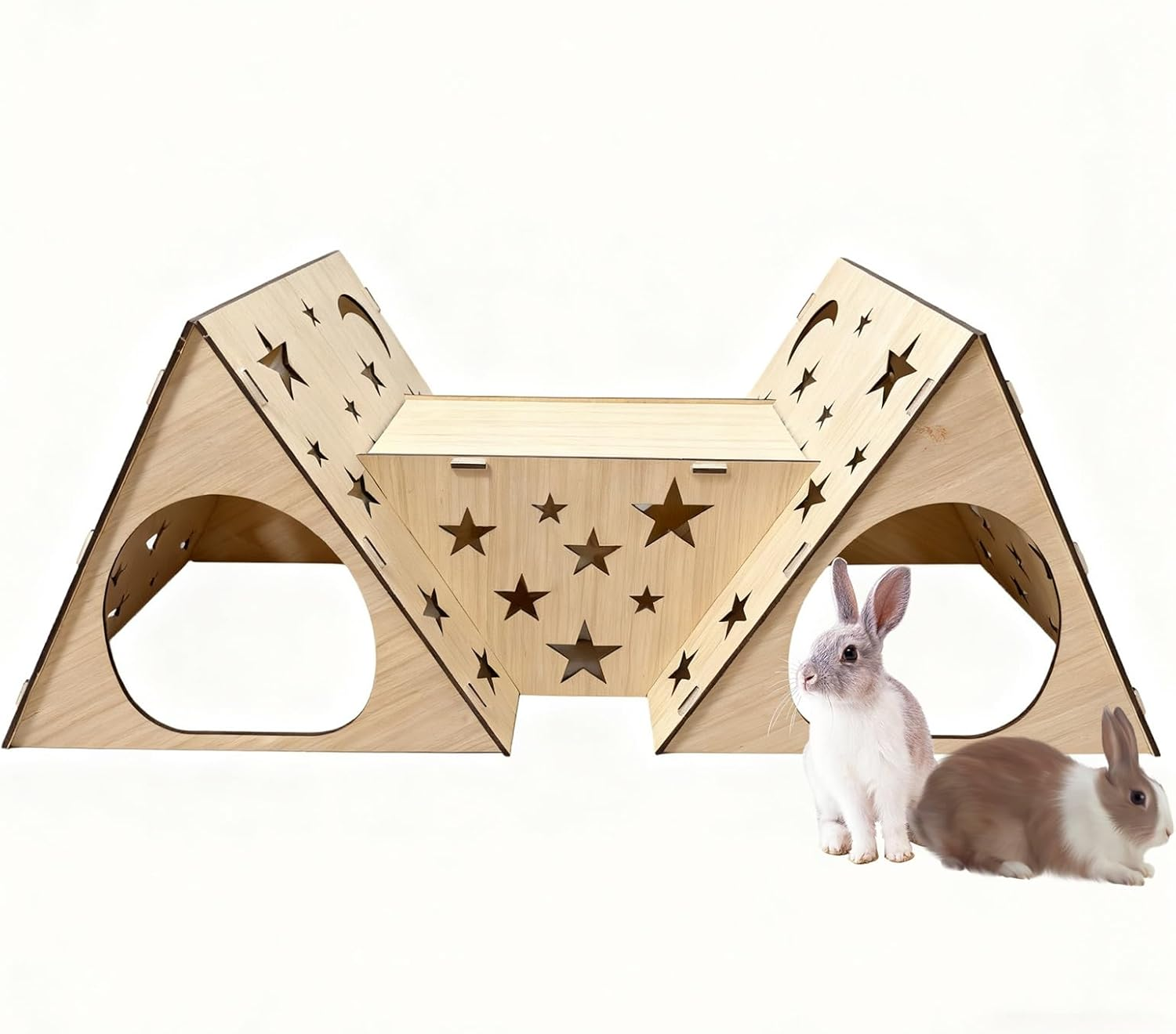 Wooden Rabbit Castle Hideout &ndash; Natural Poplar Pet House with Dual Cabins and Tunnel, Four-Season Shelter for Rabbits, Guinea Pigs and Small Animals
