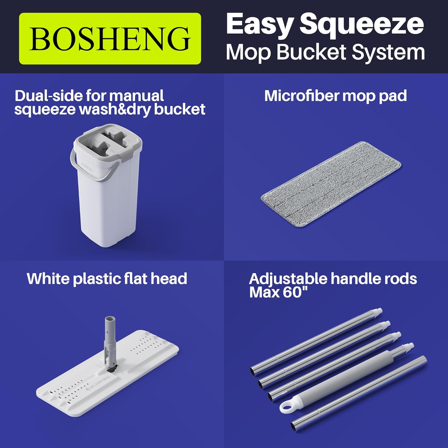 BOSHENG Mop and Bucket with Wringer Set, Flat Floor Mop and Bucket, with Long Handle and 2 Microfiber Reuseable Pads, Wet and Dry Use for Household Cleaning and Floor Cleaning image number 6