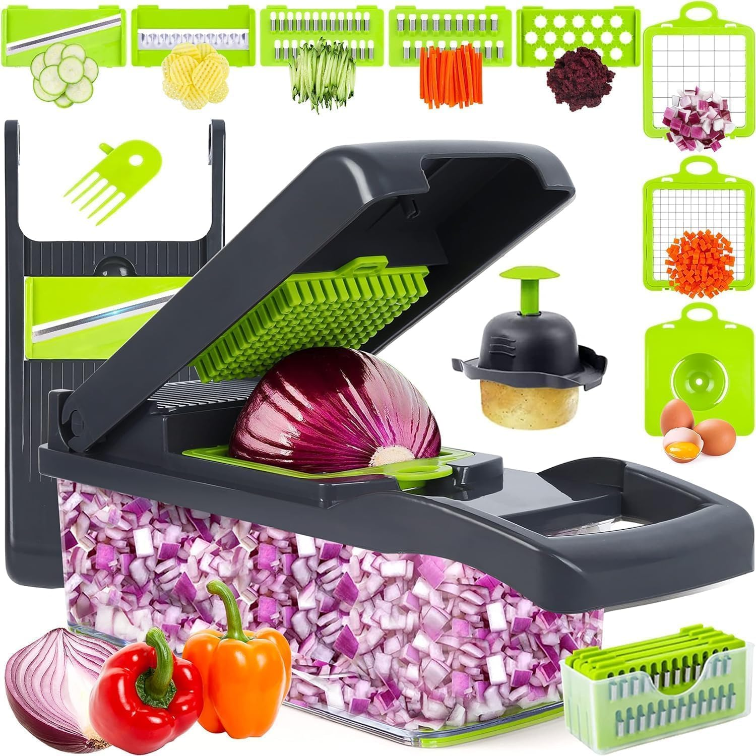 Vegetable Chopper and Slicer, 14 in 1 Mandoline Slicer with Stainless Steel Blades and Container, Multifunctional Onion Chopper and French Fry Cutter - Easy to Clean and Safe for Vegetables and Fruits image number 6