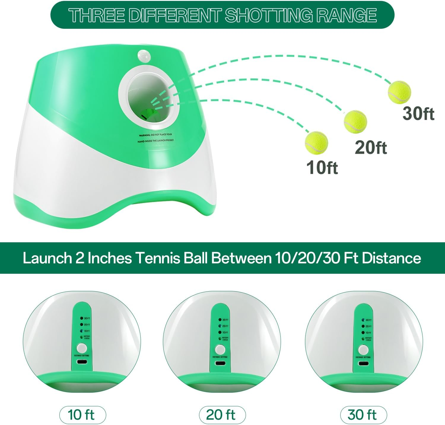 Automatic Dog Ball Launcher - Fetch Machine for Small Dogs, 3 Launch Distances, 12 Balls, Rechargeable (Green) image number 4