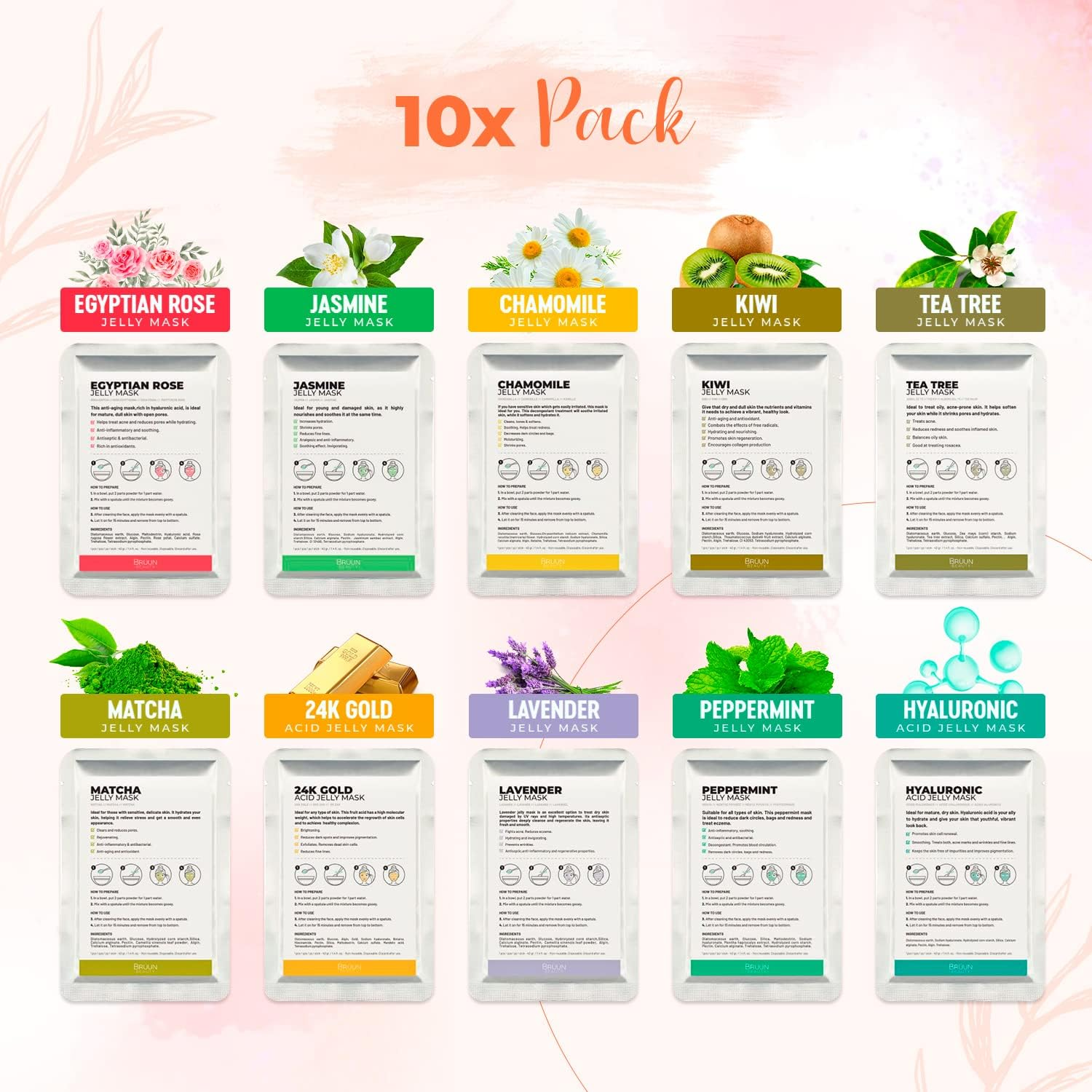 BR&Uuml;UN Peel-Off Jelly Mask Hydrating Premium Modeling Rubber Mask Spa Set - 10 Treatments (24K Gold, Lavender, Kiwi, Peppermint, Egyptian Rose, Matcha, Chamomile, Tea Tree, Jazmine) image number 1