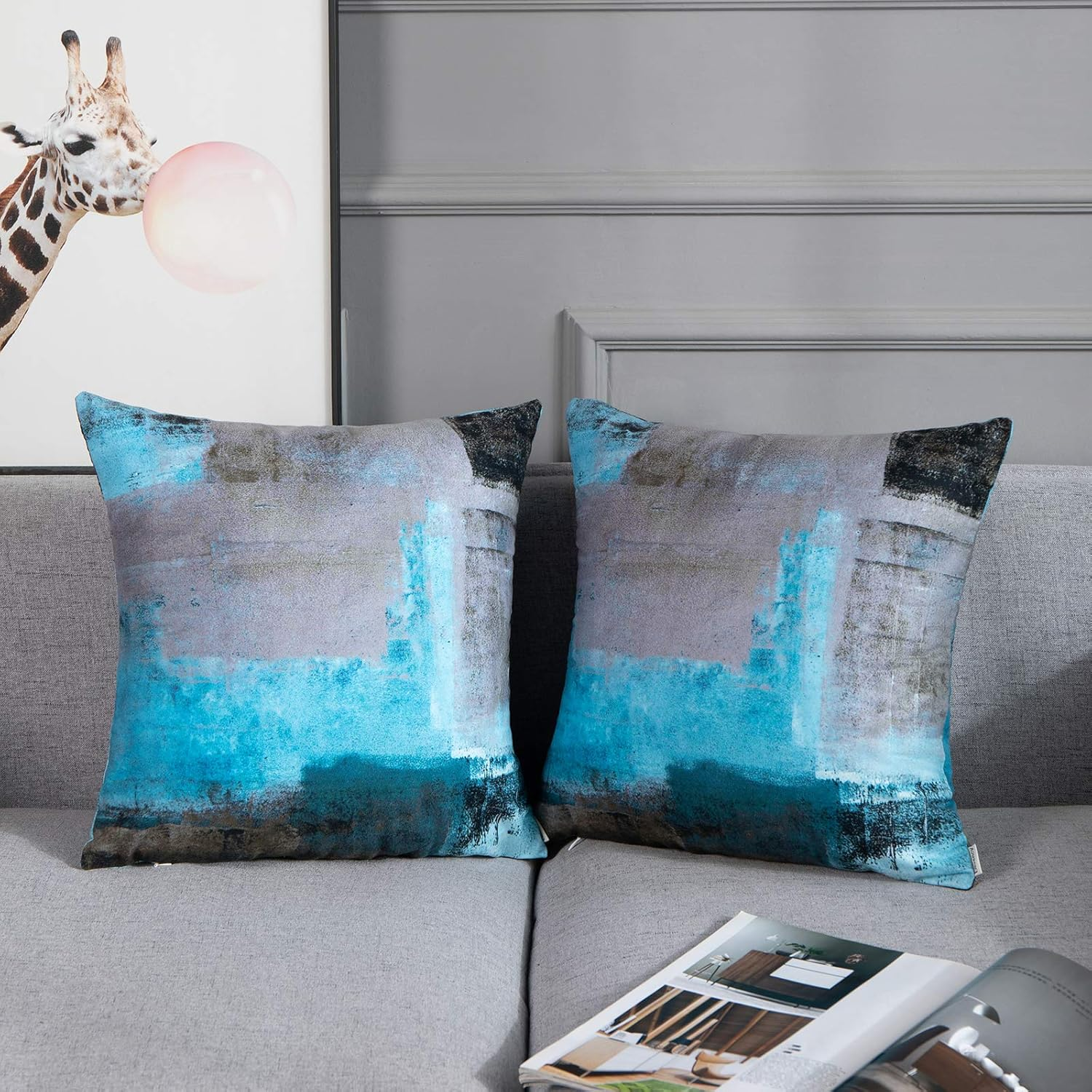 Britimes Throw Pillow Covers Modern Home Art Decor, 18 X 18 Inches Set of 2 Pillow Cases Decorative, Abstract Oil Painting Pillowcases for Bedroom, Living Room, Cushion Couch Sofa, Teal Grey image number 2