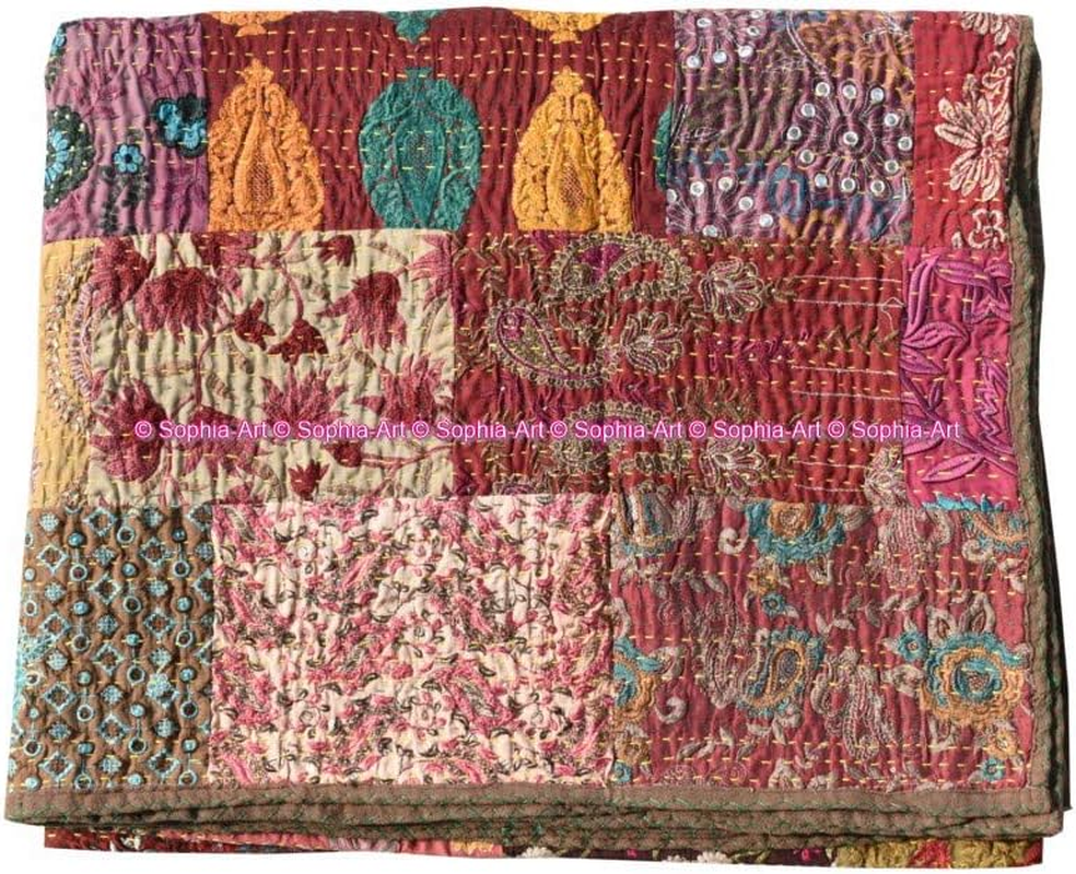 Handmade Vintage Khambadiya Print Hand Jari Patchwork King/Twin Size Embroidery Kantha Quilt Home Decorative Kantha Bedspread Indian Blanket Coverlet Art image number 5
