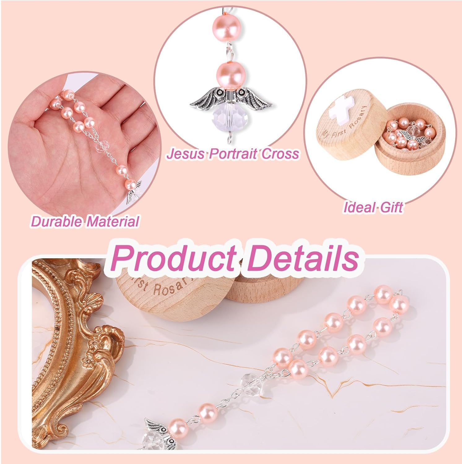 My First Rosary Baptism Gifts, Baptism Memorial Box & Rosary Bracelet with Angel Wings Catholic First Communion Christening Beads Gifting Set for Baby Shower