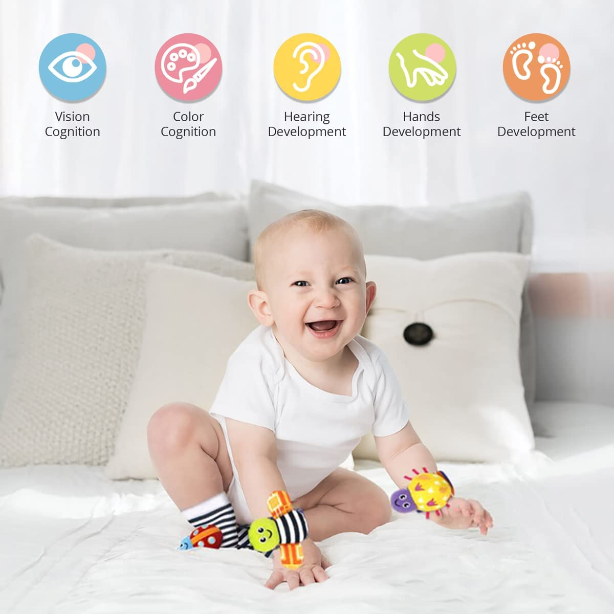 8Pcs Baby Wrist Rattle Foot Finder Socks Infant Developmental Sensory Learning Toys from 0-3-6 Months Old-Cute Garden Bug Edition 8 Items Piece Set Christmas Gifts for Kids image number 5