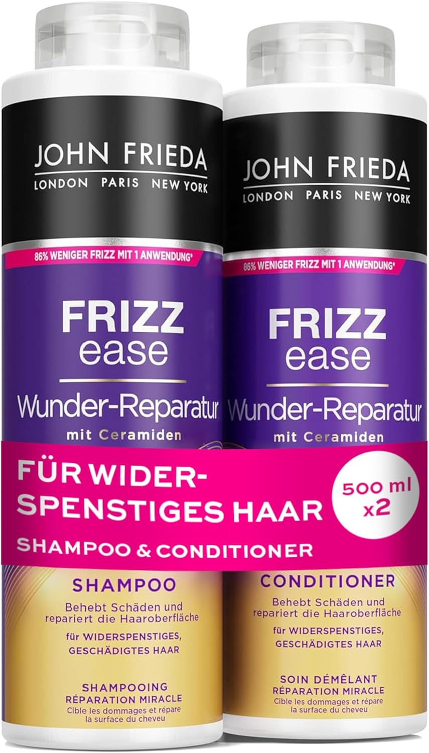 John Frieda Wunder Repair Shampoo/Conditioner Value Set - Contents: 1X Shampoo 500 Ml & 1X Conditioner 500 Ml - Refillable - Frizz Ease Series - for Unruly and Damaged Hair