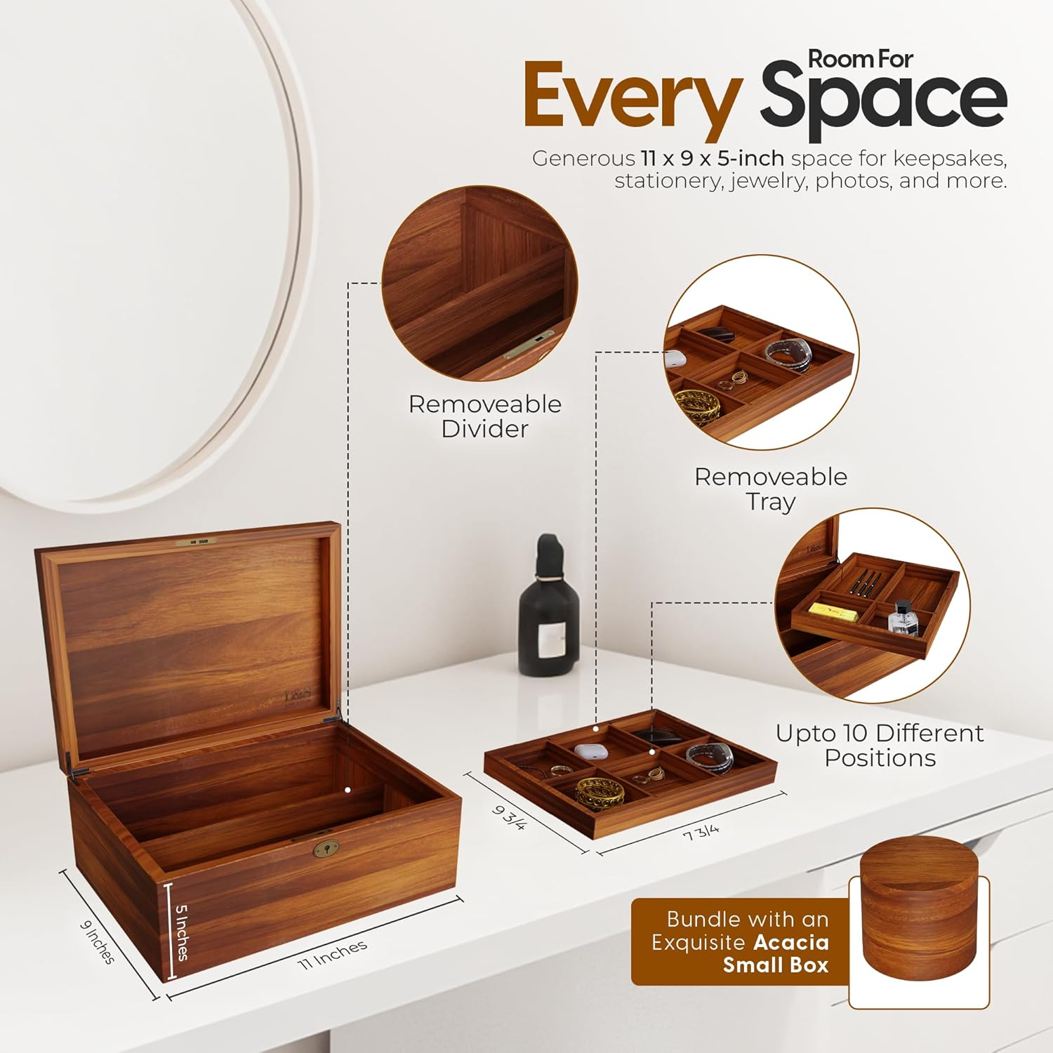 LUSH & STYLE Acacia Wood Box, Keepsake with Hinged Lid and Locking Key, Decorative, Memory Treasure, Wooden Storage Box, Wooden Gift Box (Divider Model) image number 6
