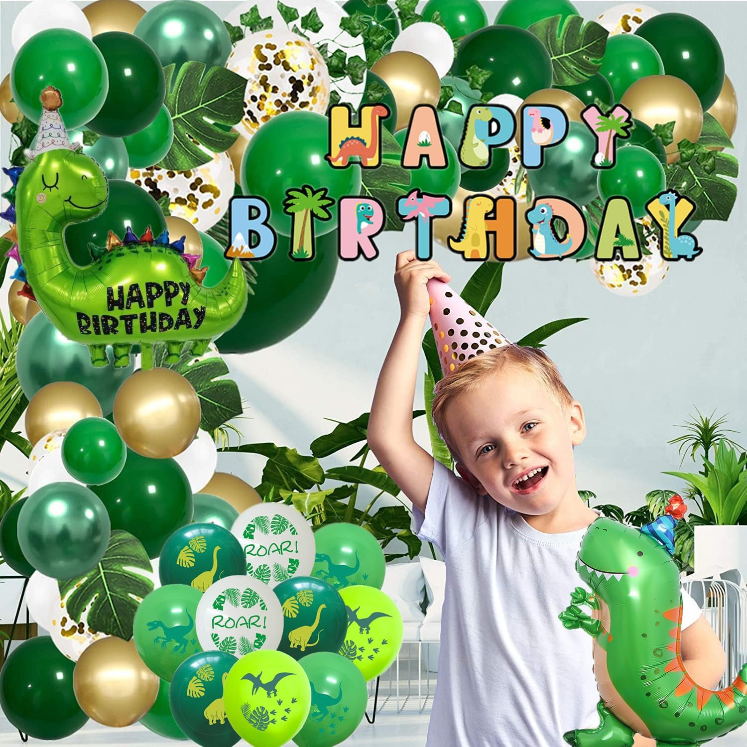 Dinosaur Birthday Banner and Balloons Kit - Giant Dinosaur Mylar Balloons with Happy Birthday Sign, Dinosaur Theme Balloon Party Favor Supplies for Kids (Happy Dinosaur) image number 4