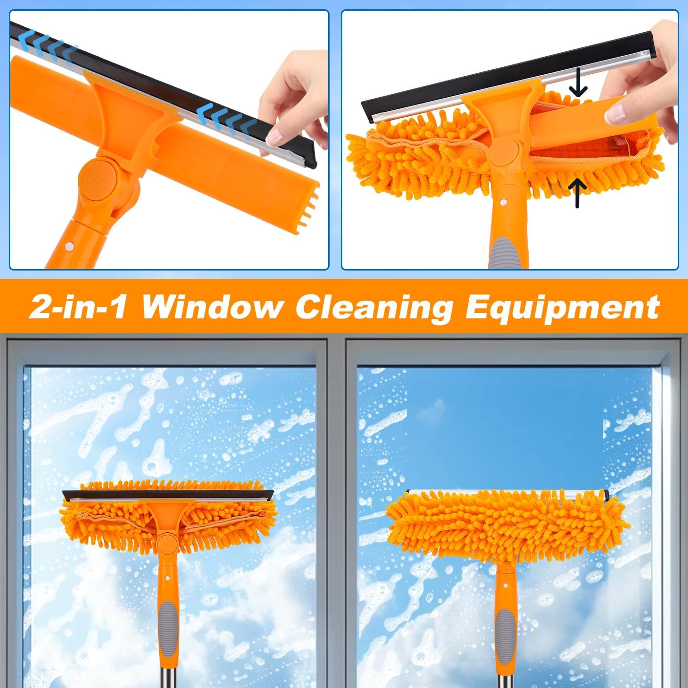 13Ft Extendable Window Cleaner, 2-In-1 Window Cleaning Equipment, Telescopic Long Window Cleaning Tool for High Windows Car Glass, with 2 Orange Microfiber Cloth & Squeegee Blade image number 5