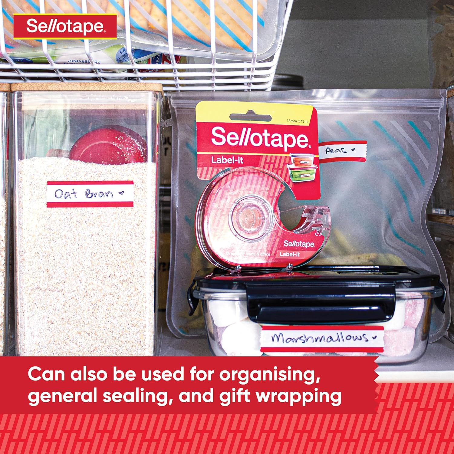 Sellotape Label Tape with Dispenser, Writable Surface for Custom Labels, Strong Adhesion, Ideal for Labelling, Organising, Office & Kitchen Use, Includes 18Mm X 15M Roll image number 3