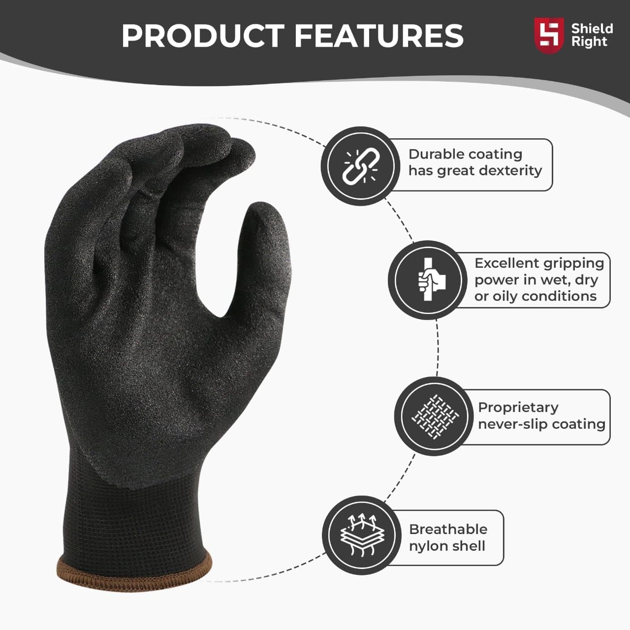 Duraflex Sandy Nitrile Work Gloves,13 Gauge Black Nylon,12 Pairs, Heavy Duty Grip, Comfort Fit, Protective & Durable, Breathable & Cool, Machine Washable