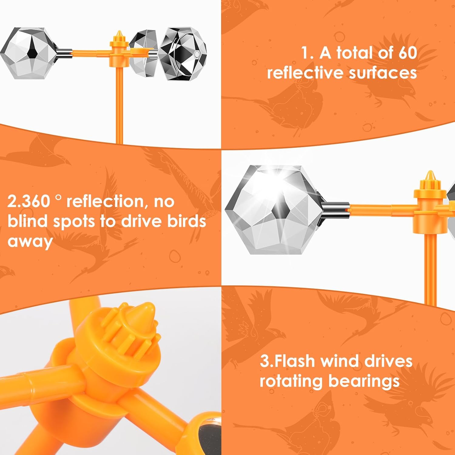 Fwqofvk 360&deg; Reflective Bird Deterrent Wind Powered Bird Reflector Efficient Bird Deterrent Device Bird Spinning Reflectors Decorations to Scare Birds Away for Garden Yard (Base Model) image number 6