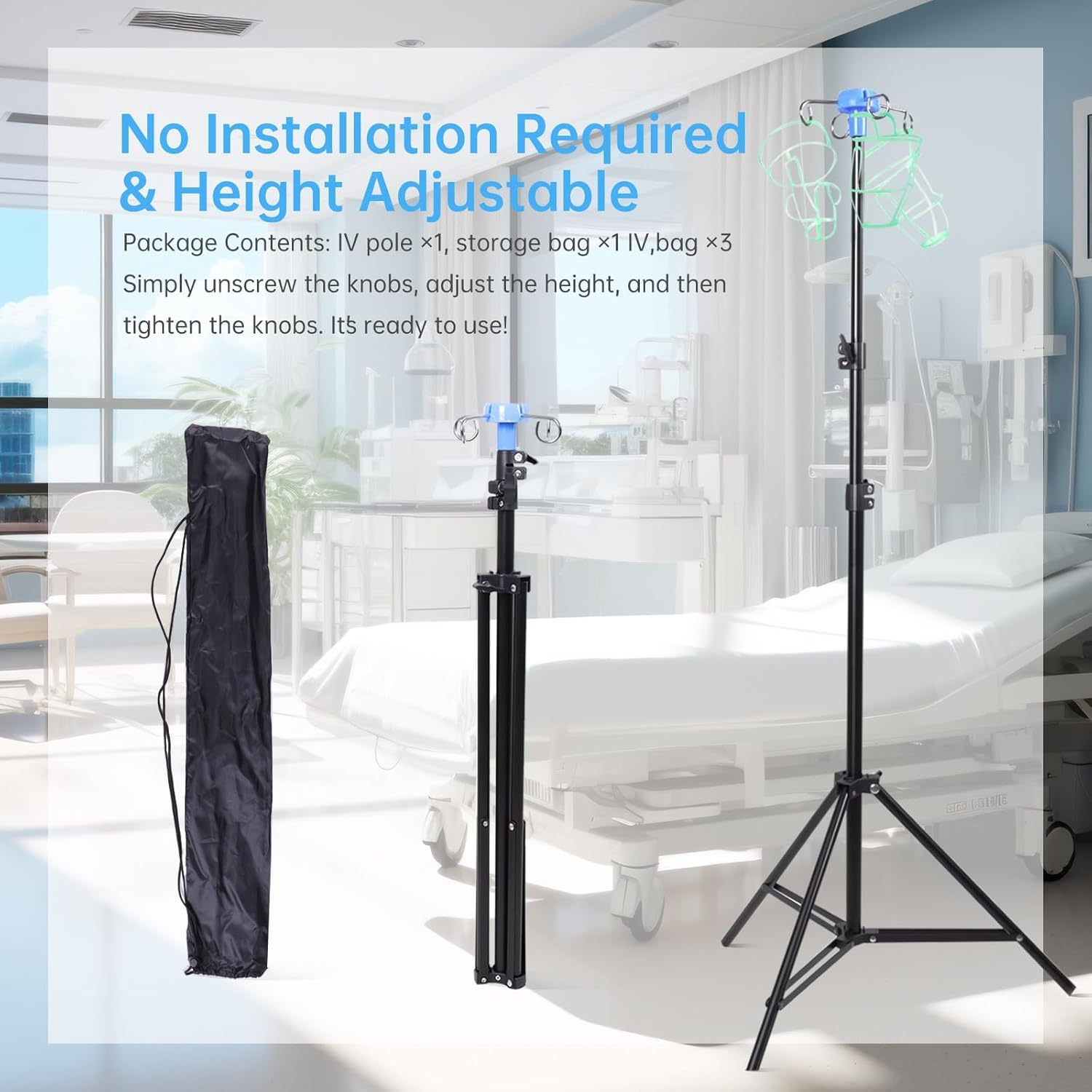 Foldable IV Pole with Portable Bag, Collapsible IV Pole Stand with 3 Nets for Drip Bag, Tripod IV Pole Stand Adjustable, 4 Hooks for Nursing Clinic Home Care Travel, Stable, Black, 1 Pcs image number 4