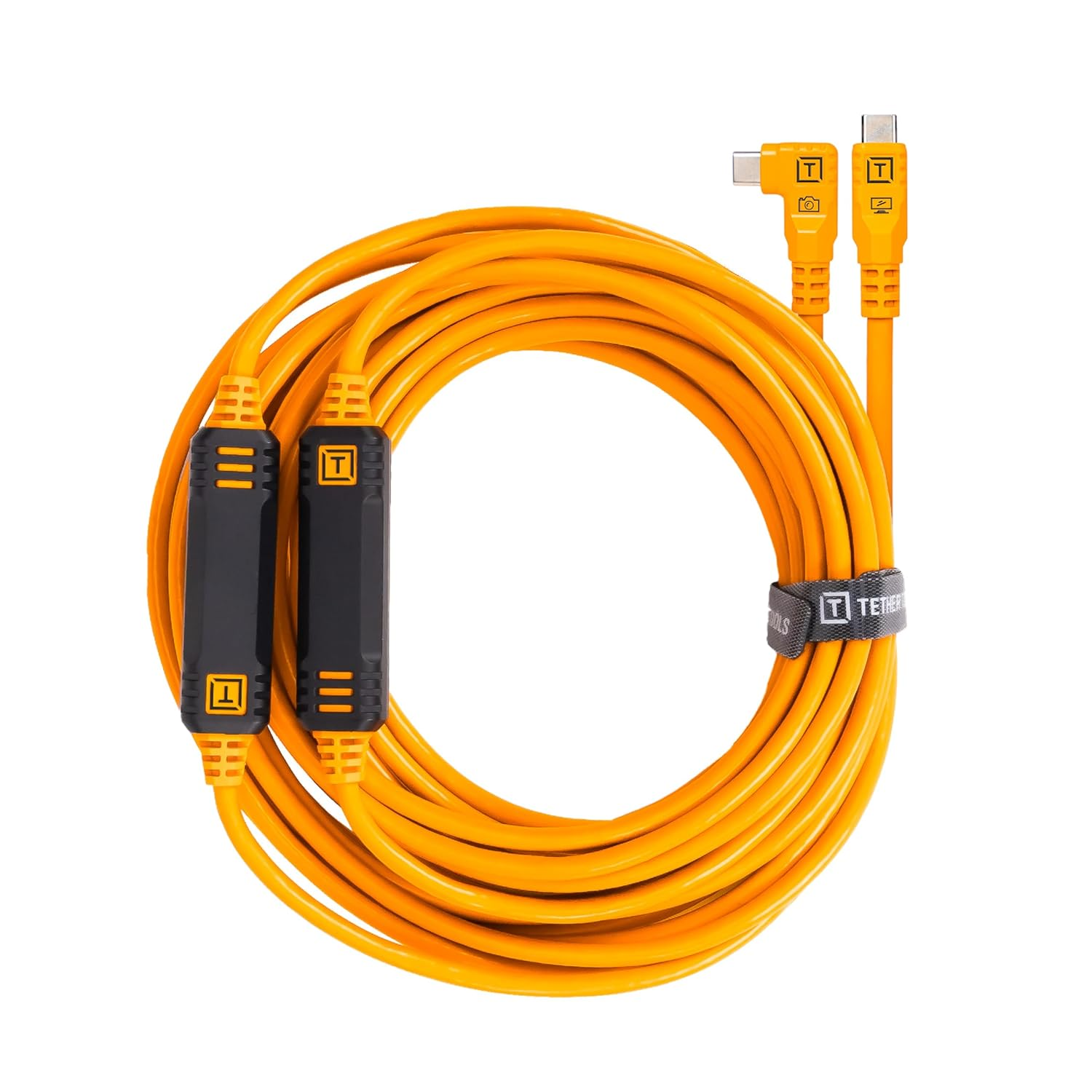 Tether Tools Tetherpro USB-C to USB-C, 31' (9.4M), Straight to Right Angle Cable with Dual In-Line Tetherboosts, & Exclusive Data Transfer - Orange