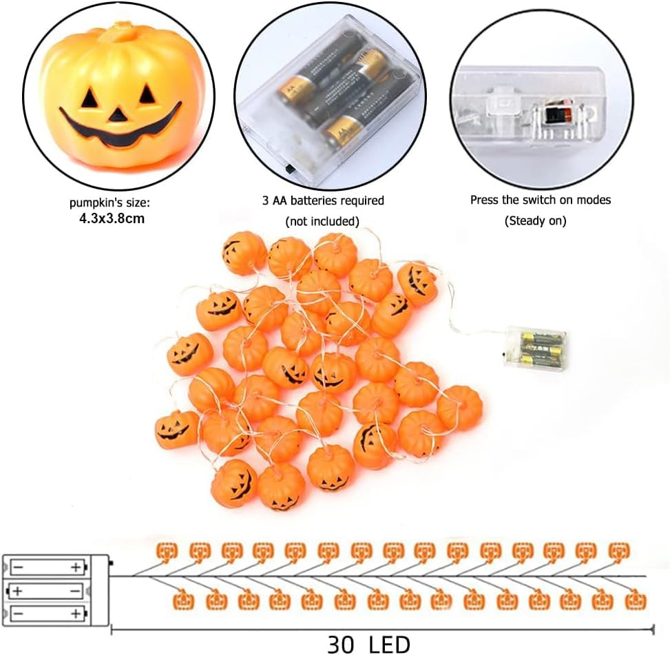 Halloween String Lights, 30 LED Pumpkin Lanterns Lights, Orange Pumpkin Lights with 2 Lighting Modes, LED Pumpkin Lights, Holiday Lights for Home Indoor Outdoor Halloween Decorations (4.5M)