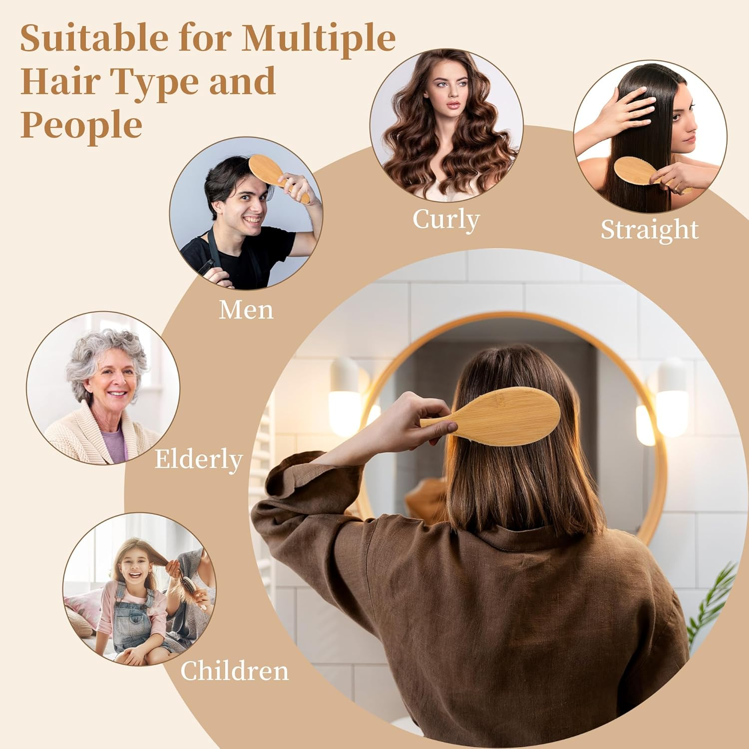 YUNAI Bamboo Paddle Wooden Hair Brush &ndash; Natural Bamboo Air Cushion Comb for Massaging Scalp, Reduce Frizz No Hair Tangle Large Oval Brush for Curly Hair image number 6