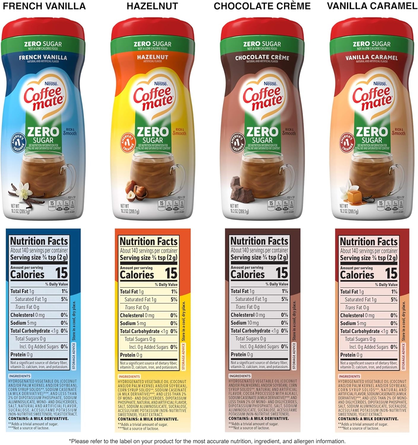 Coffee Mate Zero Sugar Flavored Creamer 4 Pack Variety Pack (10.2 Oz Bottles) &ndash; Vanilla Caramel, Hazelnut, French Vanilla, Chocolate Cr&egrave;me image number 1