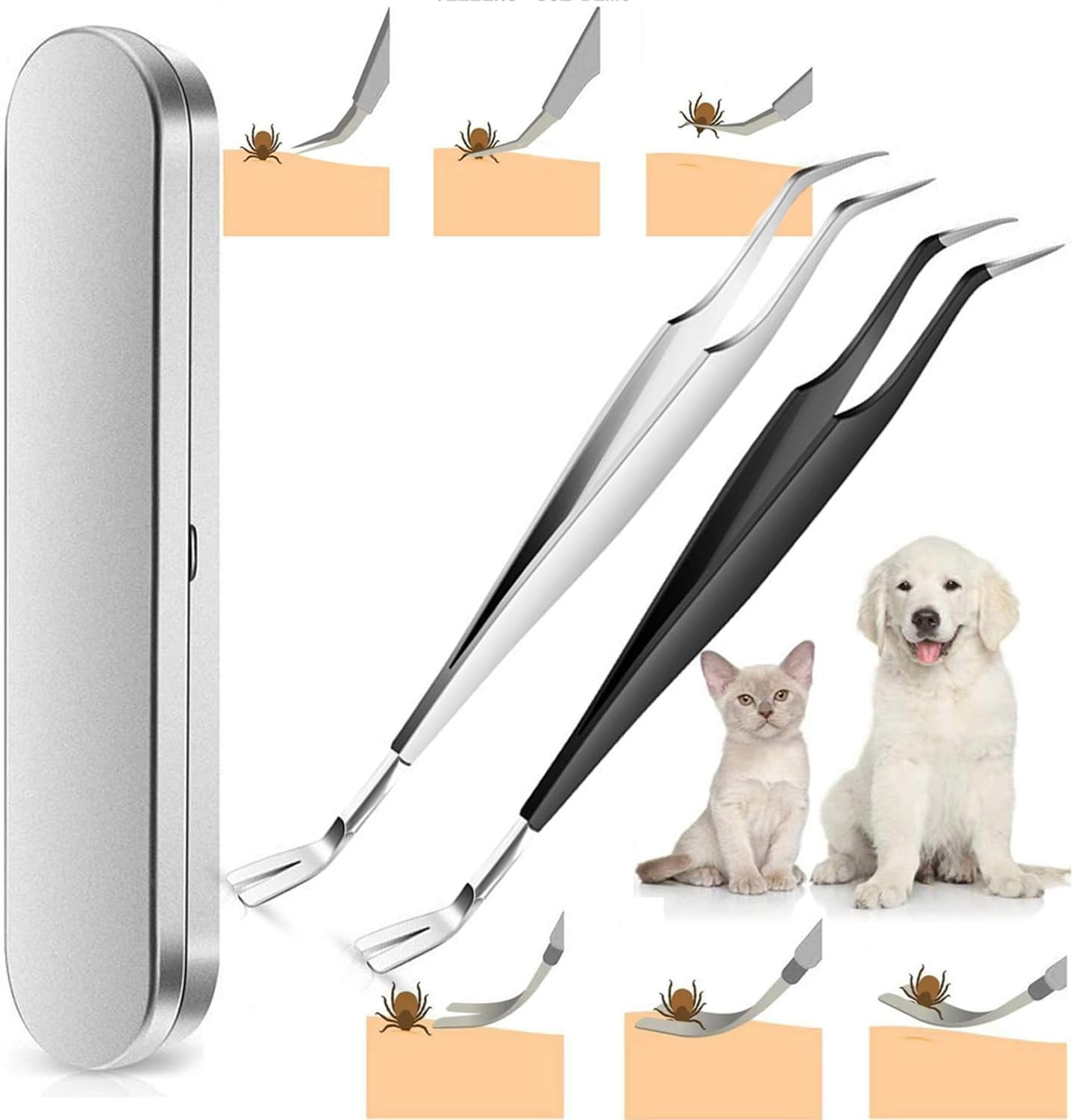 Mumoo Bear 2-In-1 Professional Tick Tweezers and Tick Hooks, 2 Pack Made of High-Quality Stainless Steel, Easy Tick Removal for People, Dogs, Cats (With Storage Box)