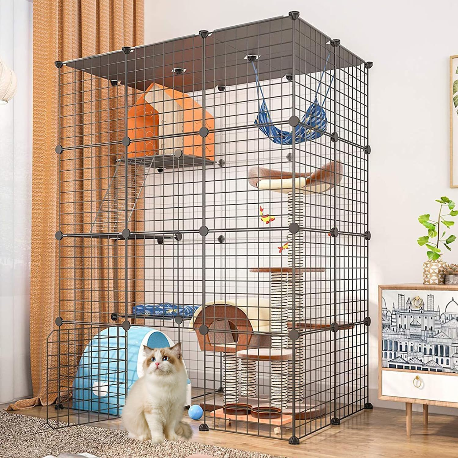 Uandhome 4 Tier 111Cm Cat Cage Large Enclosures with Hammock Detachable Metal Wire Crate Kennels Indoor/Outdoor Small Animal House Fence for 1-4 Cats,Diy Pet Crate Playpen(3 Columns and 2 Rows) (1) image number 1