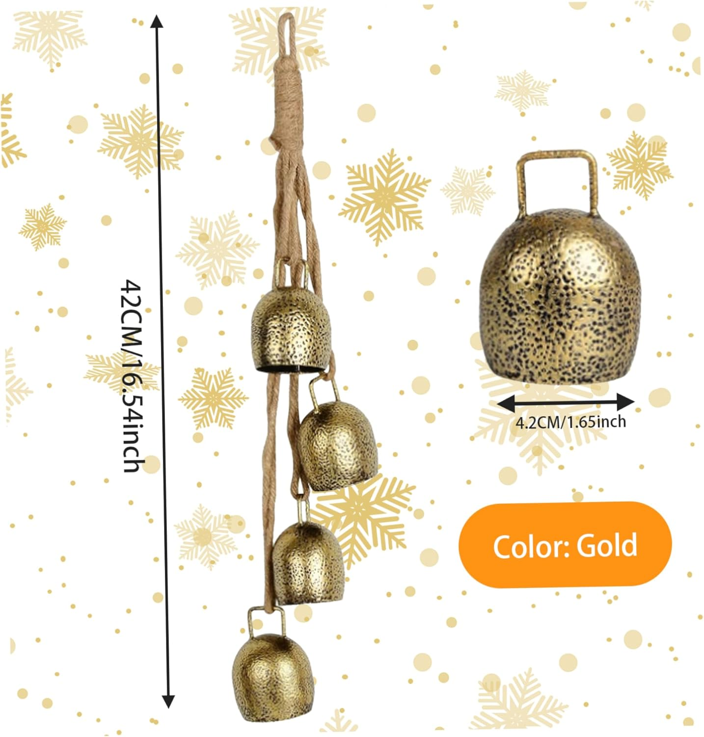 Christmas Bells Gold 42Cm Vintage Xmas Tree Decorations 4 Bells Rustic Hanging Cow Bells with Rope Bell for Door Garden Home Decor Lucky round Witch Bells image number 1