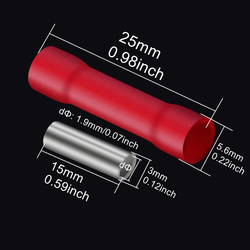 Ruimou 50Pcs Red 19A AWG 22-16 Crimp Copper Tube Butt Connector, Insulated PVC Terminals for Wire Cable, Car, Family,Electrical (Red) image number 6
