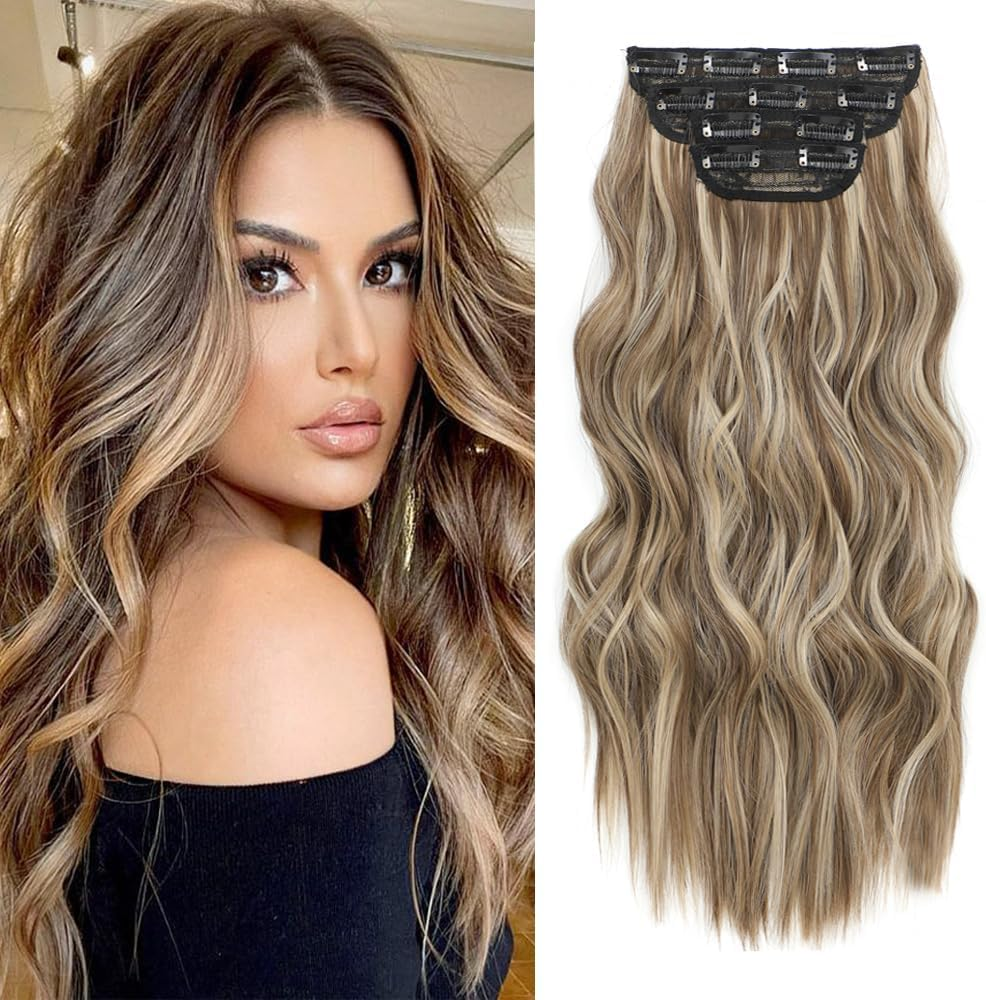 QAUARUMSUN Clip in Hair Extensions 24 Inch 4Pcs Long Wavy Synthetic Hair Extensions Double Weft Hairpieces for Women (Brown)