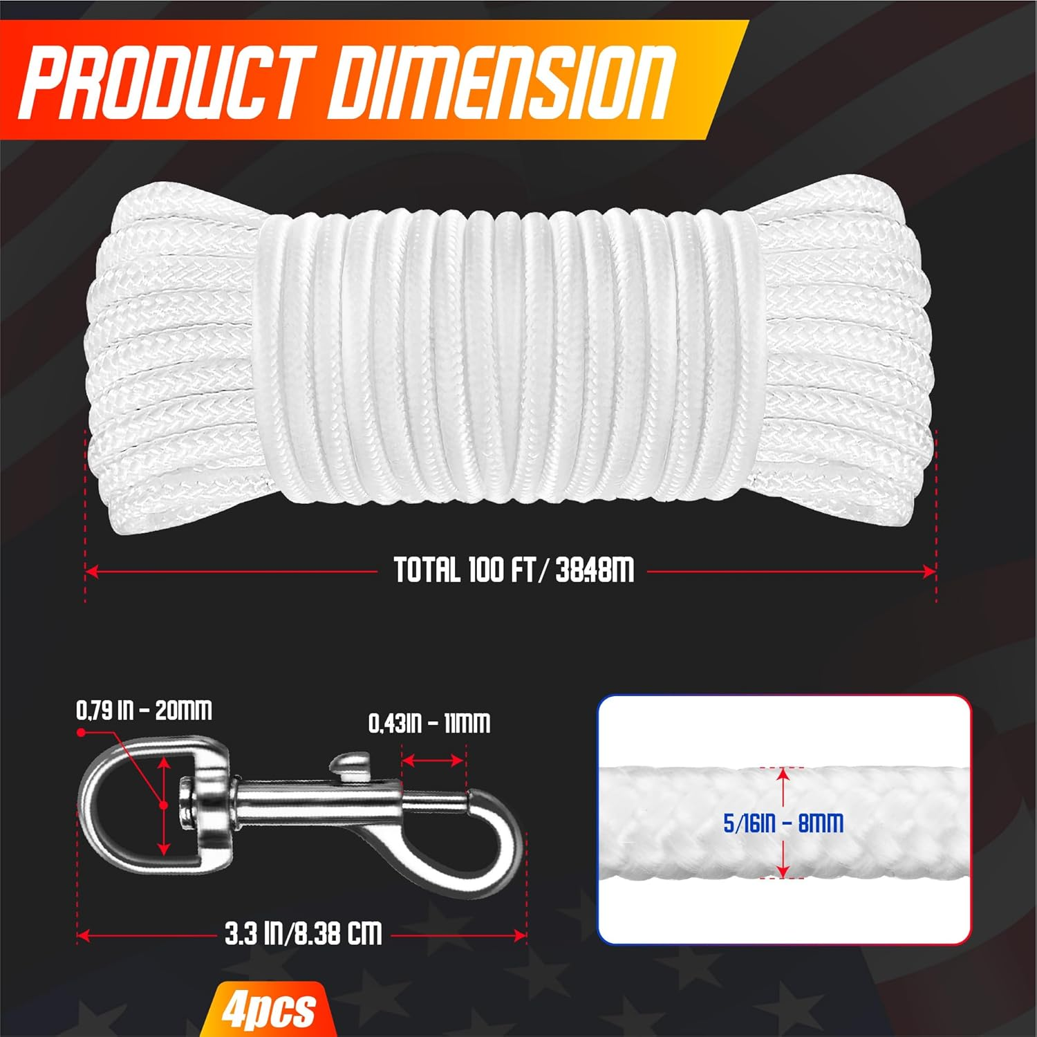 [Upgraded] 5/16&rdquo; 100Ft Flagpole Rope Kit with 4 Pcs 3.3&rdquo; Swivel Snap Hook - High Weight Bearing Anti-Tearing Utility Rope with Durable Zinc Alloy Swivel Hooks - Flag Pole Accessories Replacement Kit image number 2