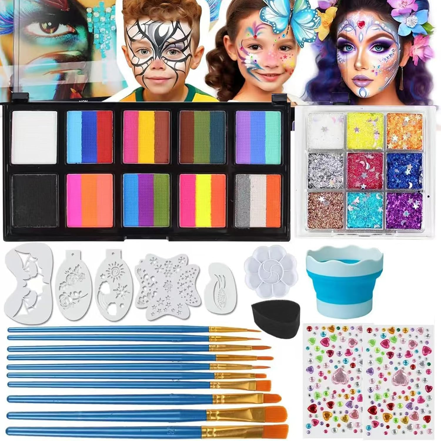 Professional Face Painting Kit with Stencils - 10 Split Cake Face Paint Palettes, Rainbow Non-Toxic Water-Activated Facepaint Makeup Kit for Kids, Adults, Parties, Halloween, Christmas