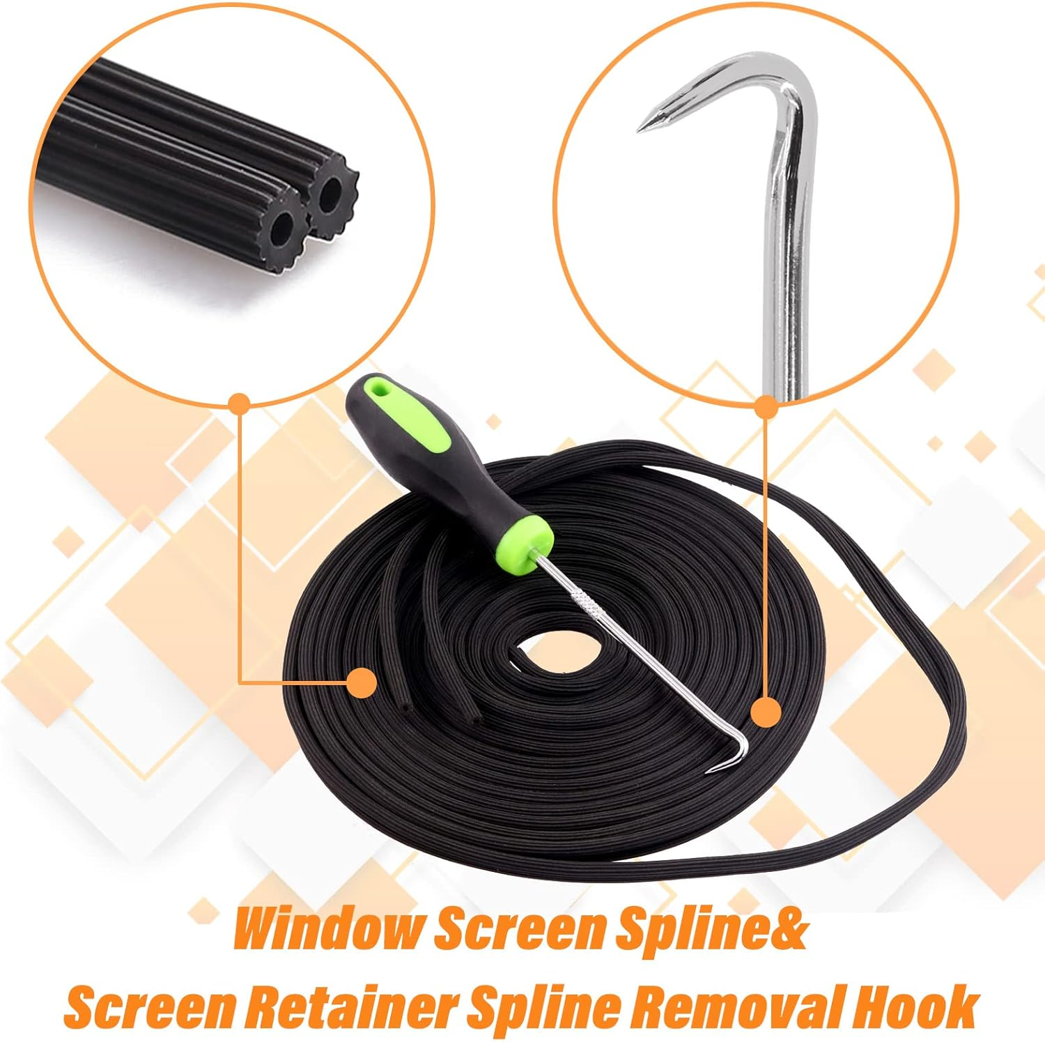 4Pcs Black Window Screen Door Repair Replacement Includes 120Cm X 250Cm Fiberglass Window Screen Mesh Spline Rolling Tool Screen Retainer Spline Remover Hook for Windows Flex Screen