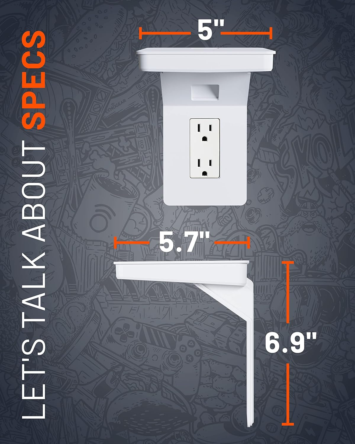 ECHOGEAR Outlet Shelf for Decora/Gfci Outlets - Next-Gen Design with Built-In Cord Storage & Room for Bulky Plugs - Quick Install with Included Hardware image number 3