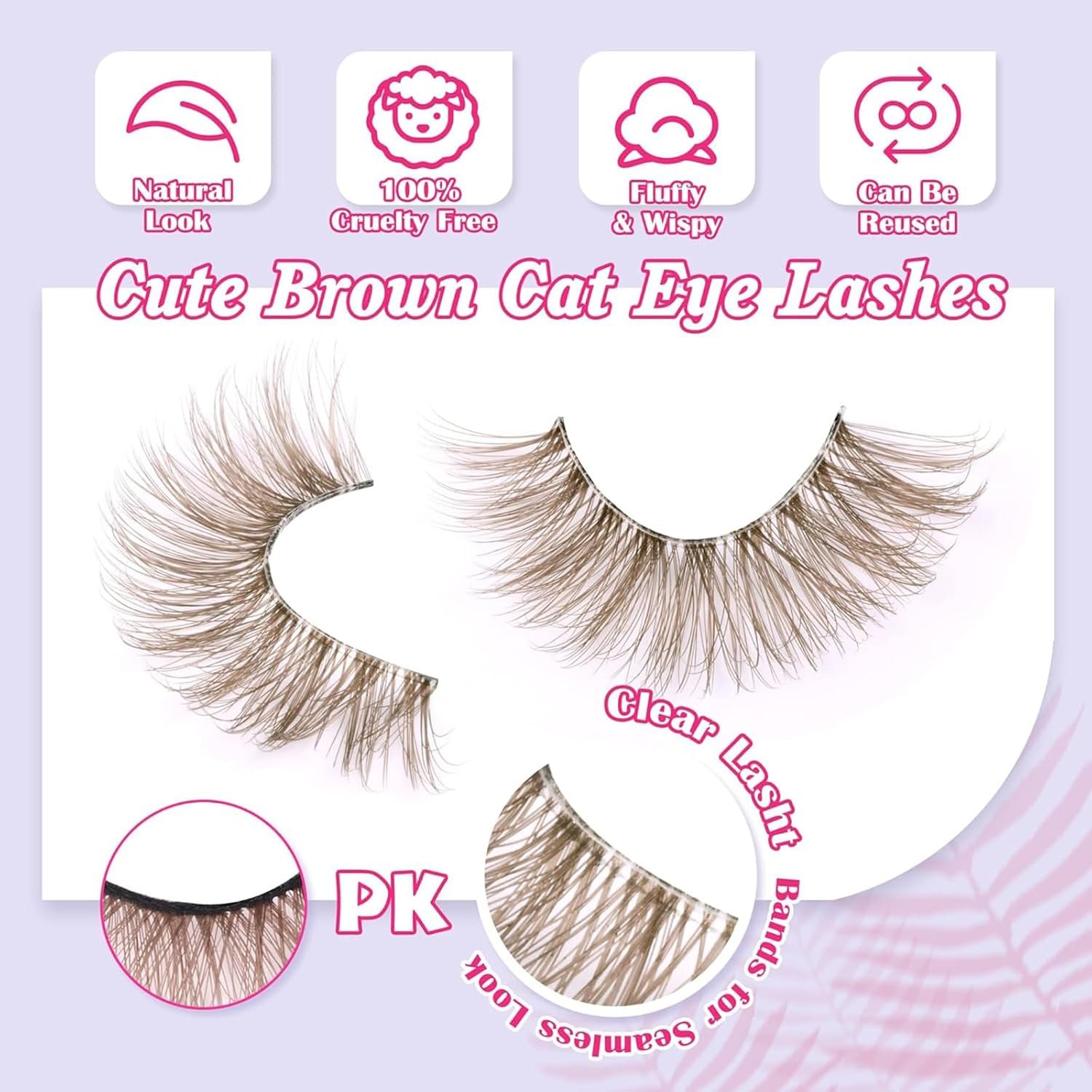 7 Pairs Natural Soft Eyelashes, Brown Curl Cat Eye Wispy, Clear Band Fluffy Strip Lashes, Fox Eye Long Volume Fake Eyelashes image number 4