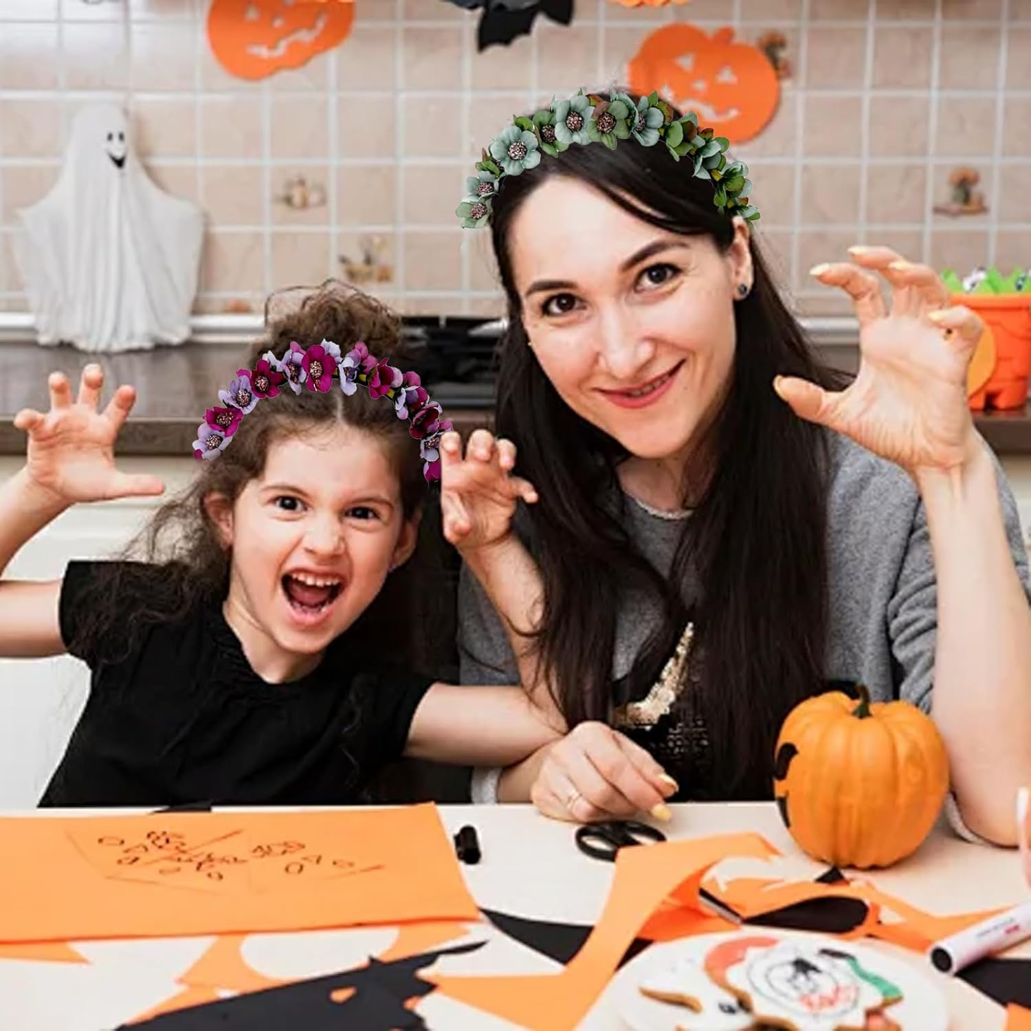 BSITSSS 2 PCS Floral Crown Flower Headband for Women Girls, Flower Crown Headband Crown Boho Floral Headpiece, Flower Garland Flower Hair Band Wreath Party Festival Hair Accessories (Pink, Green) image number 2