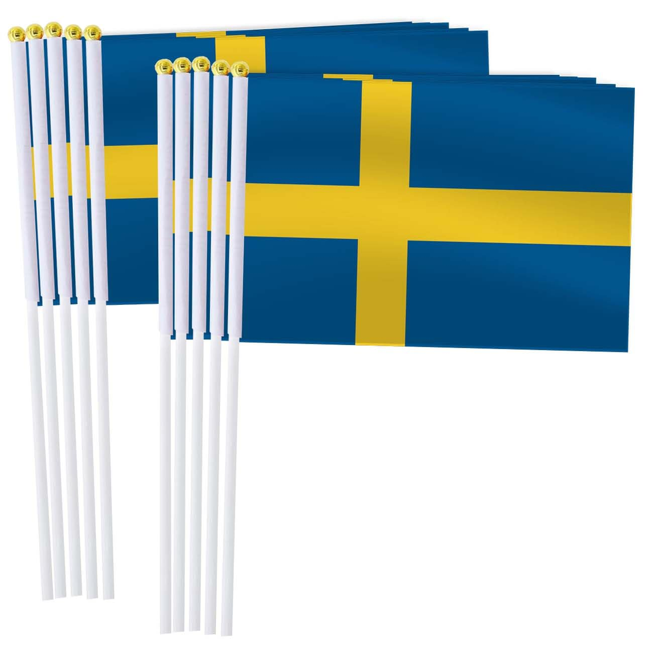 Sweden Handheld Small Flag Set,10 PCS 5&times;8 Inch Mini Swedes Hand Held Banner,Tiny Digital Printed Polyester Banner image number 3