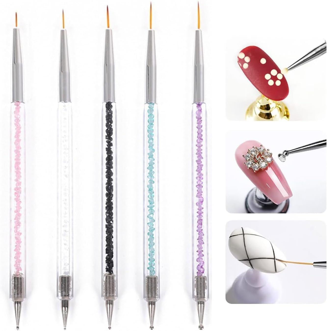 5 PCS Nail Art Brushes,Double Ended Nail Art Liner Brush, Nail Dotting Painting Drawing Pens, Double Ended Dotting Tools Set, Pull Line Painted Pen Nail Dotting Tools Set for DIY Nail Art Designs image number 3